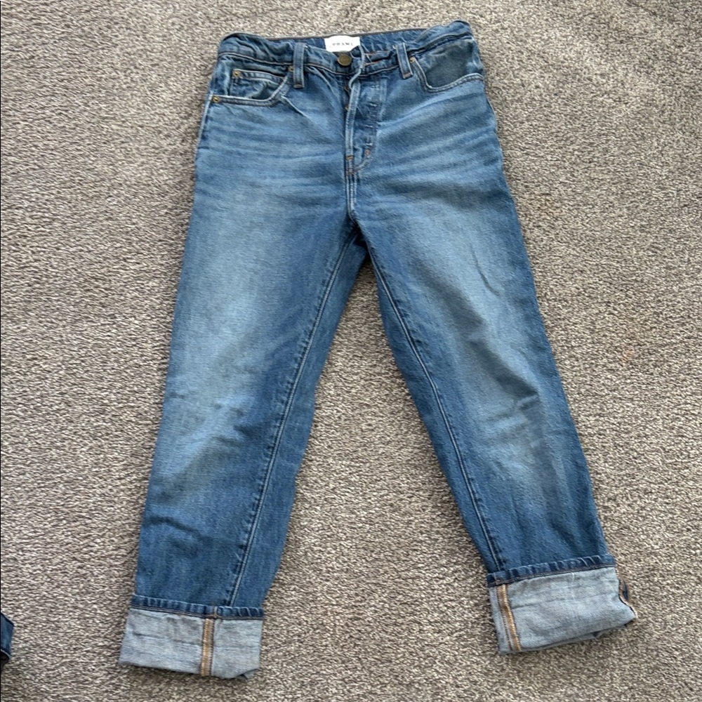 Frame Denim Boyfriend Jeans in Medium Blue with Cuffed Hem